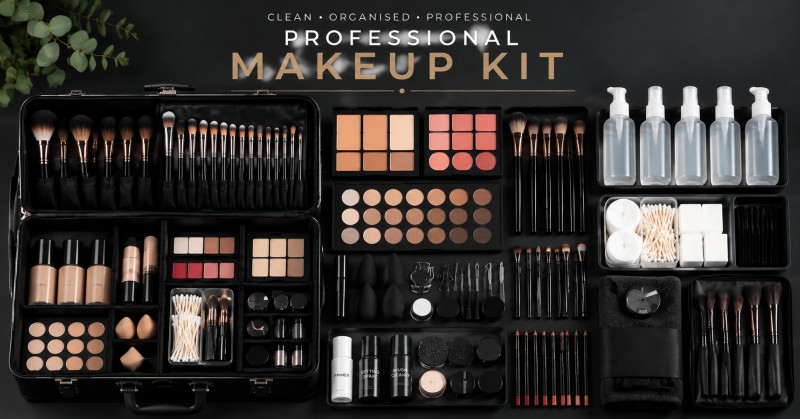Professional freelance makeup artist kit with brushes and cosmetic products